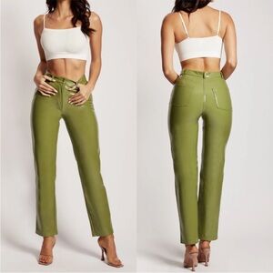 Meshki Olive Green Faux Leather High-Waist Straight Pants